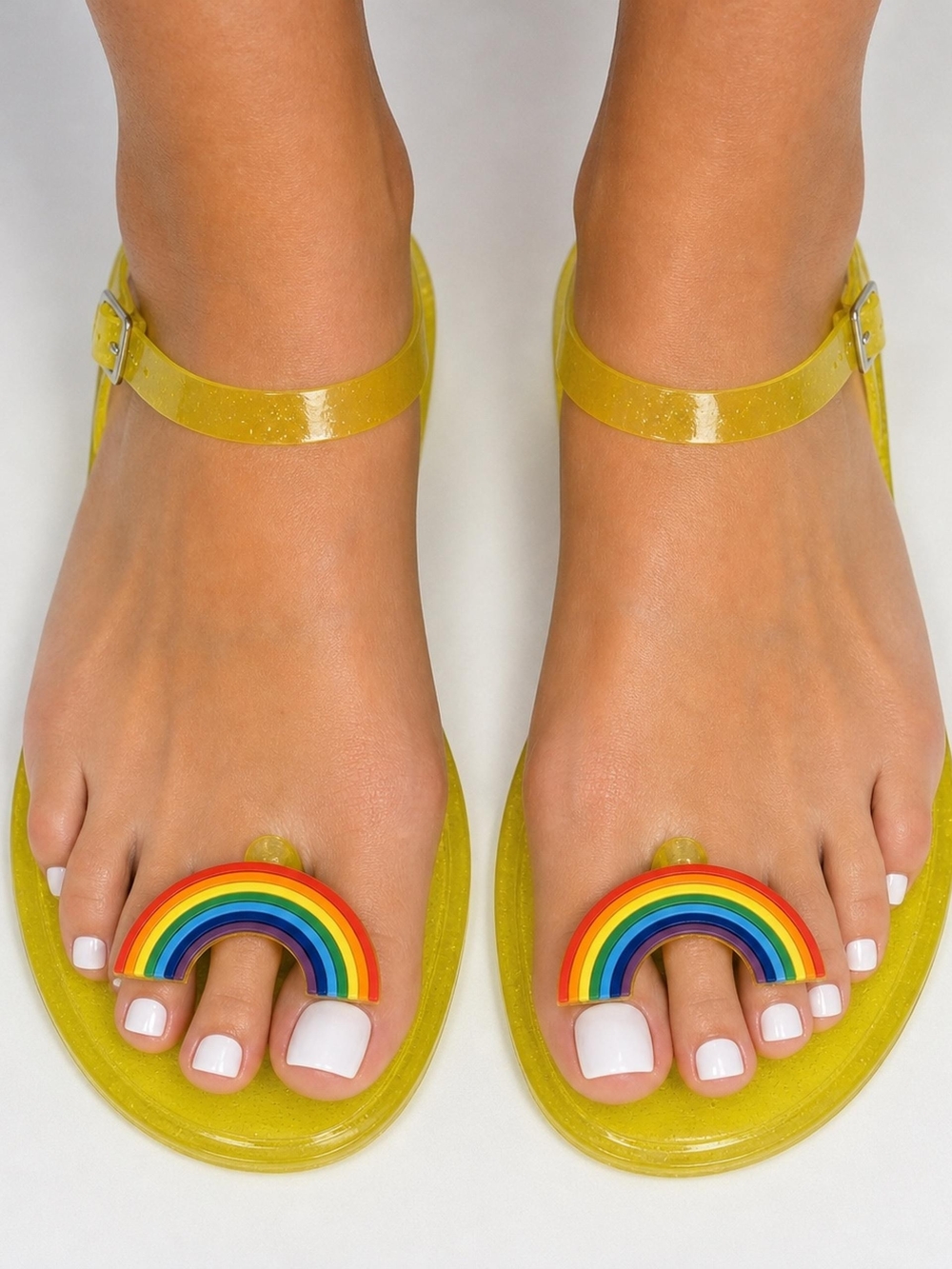 Katy Perry Collections Yellow Jelly Sandals with Rainbow Toe Accent